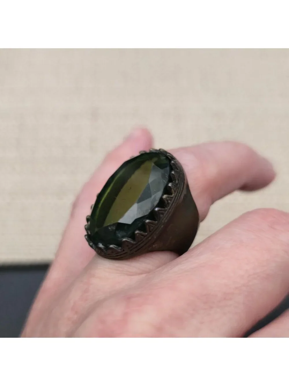 Size 7 Large Oval Green Glass Ring in Bronze - Antique Style Victorian Statement